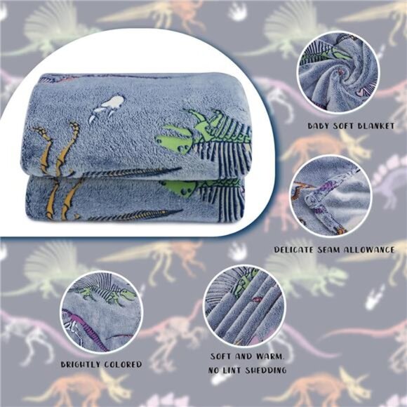 GlowinThe Dark Blanket Dinosaur Blanket for Boys Girls Kids Dino Throw Blankets - Picture 5 of 7